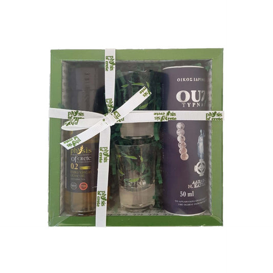 Gift box with extra virgin olive oil, Ouzo 50ml & 2 glasses