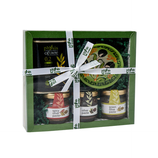 Gift box with extra virgin olive oil, dips & hand painted vase