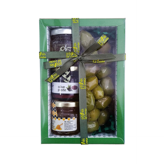 Gift box with Greek olives in Vacuum pack & dips