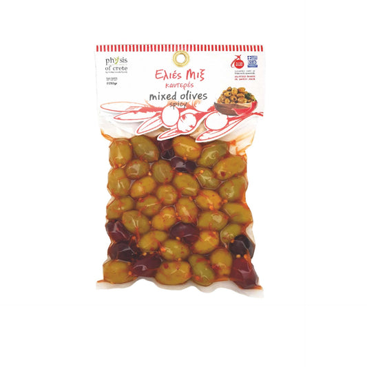 Green & Kalamata’s spicy olives in Vacuum pack